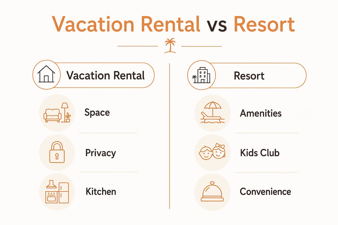 Infographic comparing vacation rentals and resorts for families