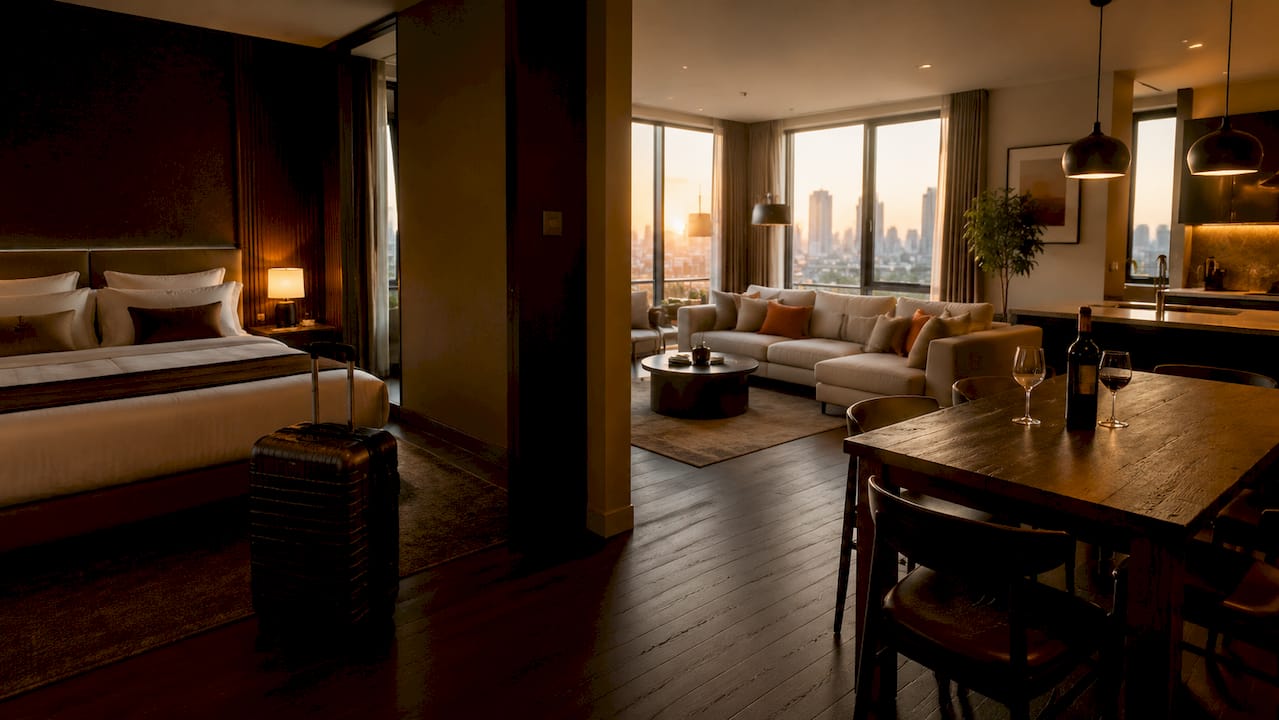 Overhead view comparing hotel room and luxury rental space