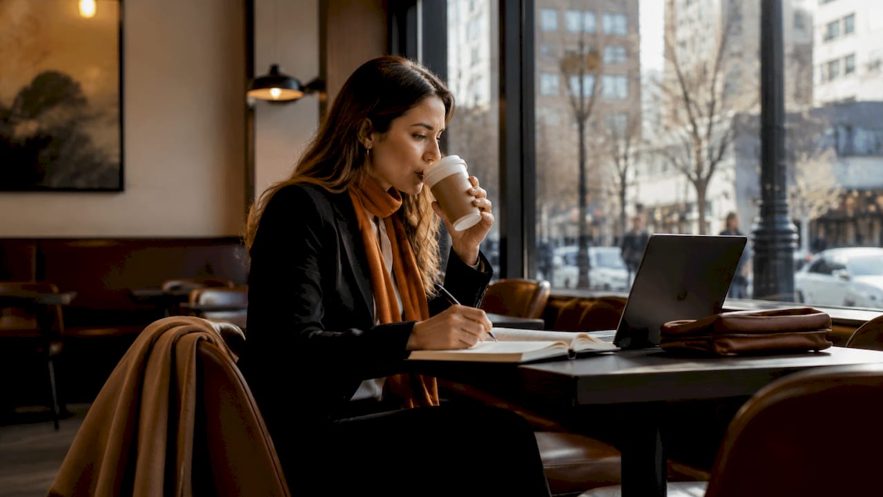 Corporate traveler working in serviced apartment desk