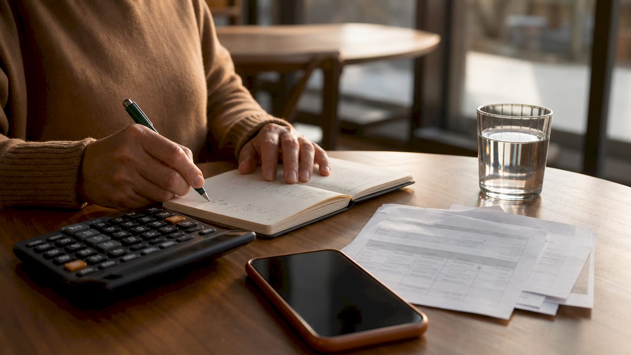 Hands comparing rental fees with calculator and notes