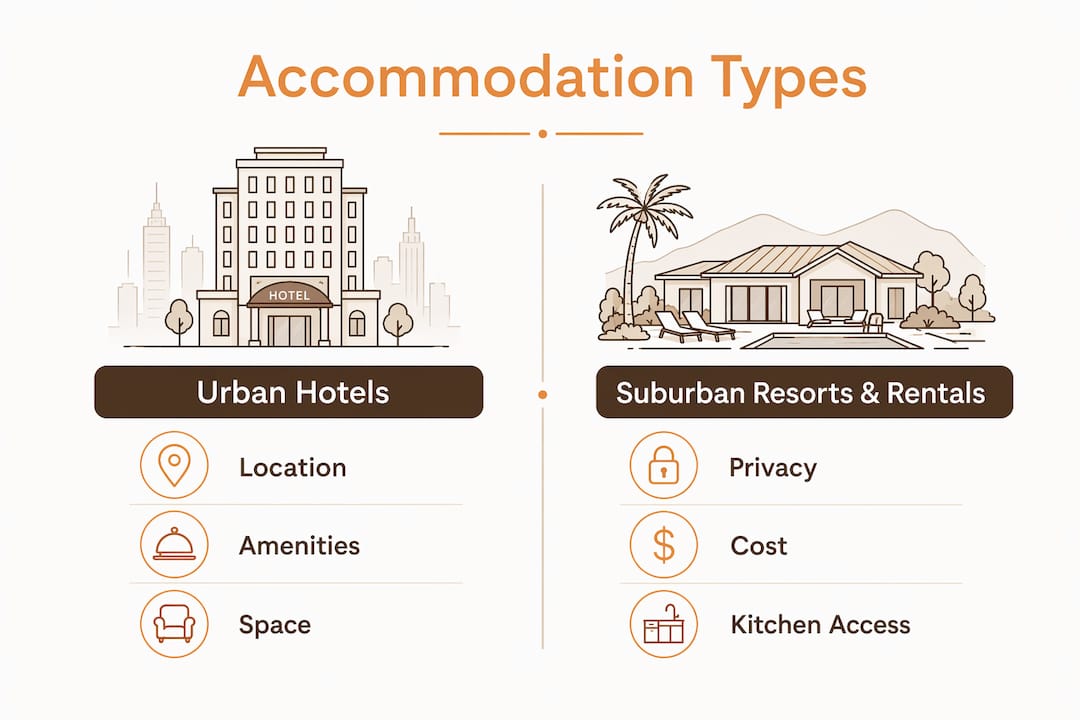 Infographic comparing urban hotels and suburban resorts