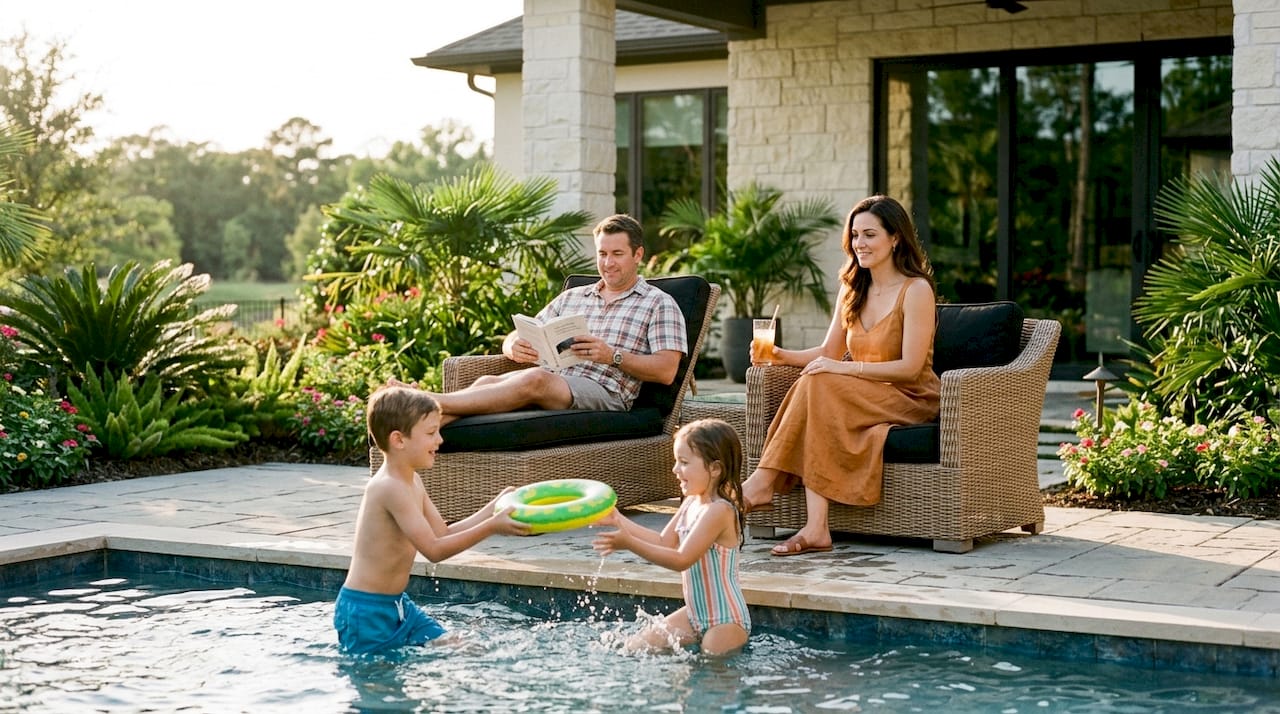 Family relaxing at luxury suburban resort pool