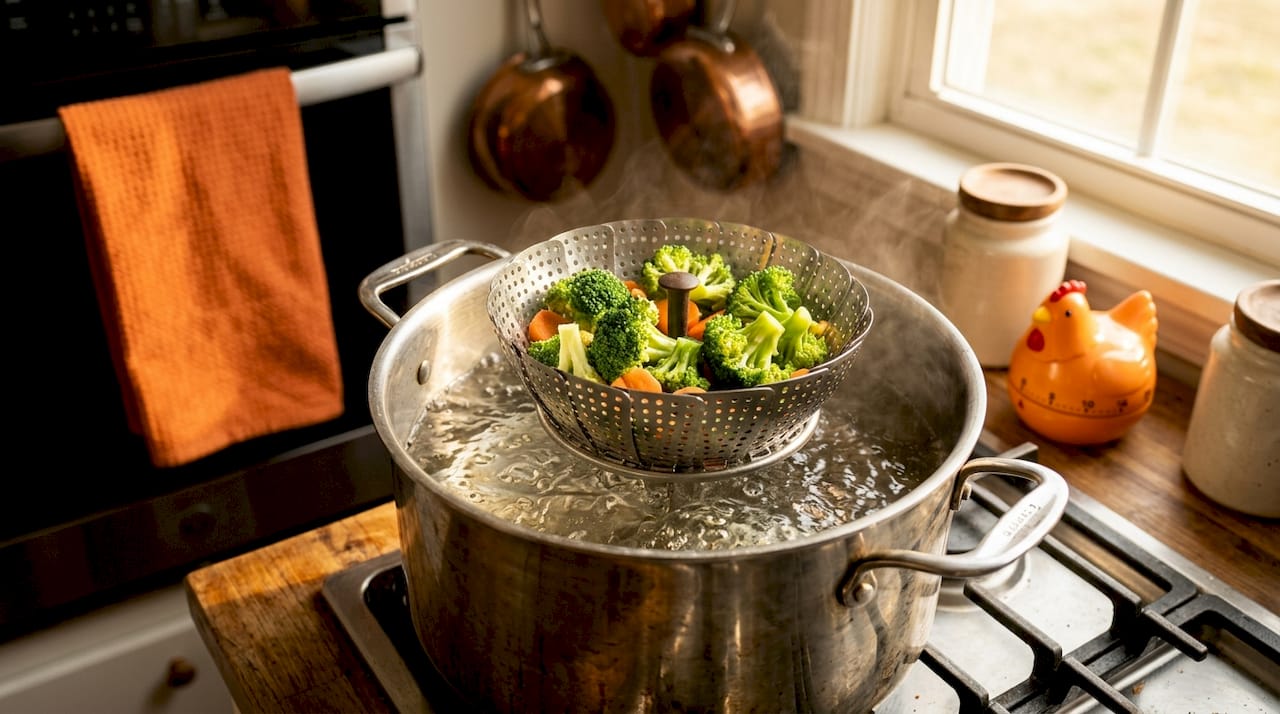 Steamer basket positioned above simmering water in pot