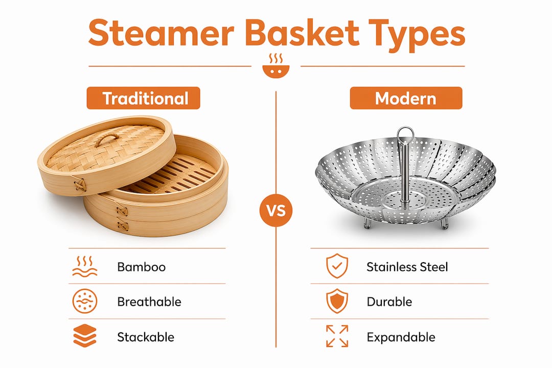 Infographic comparing bamboo and stainless steel steamers