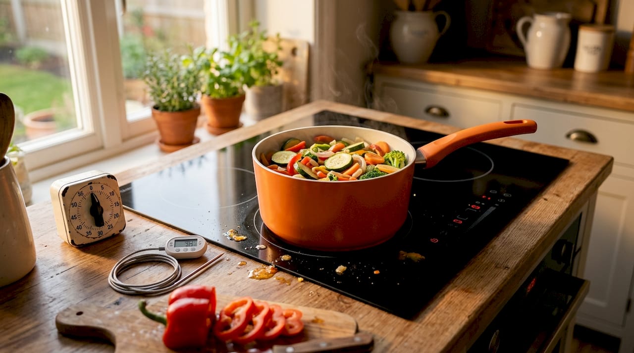 Close-up of induction stove cooking with saucepan