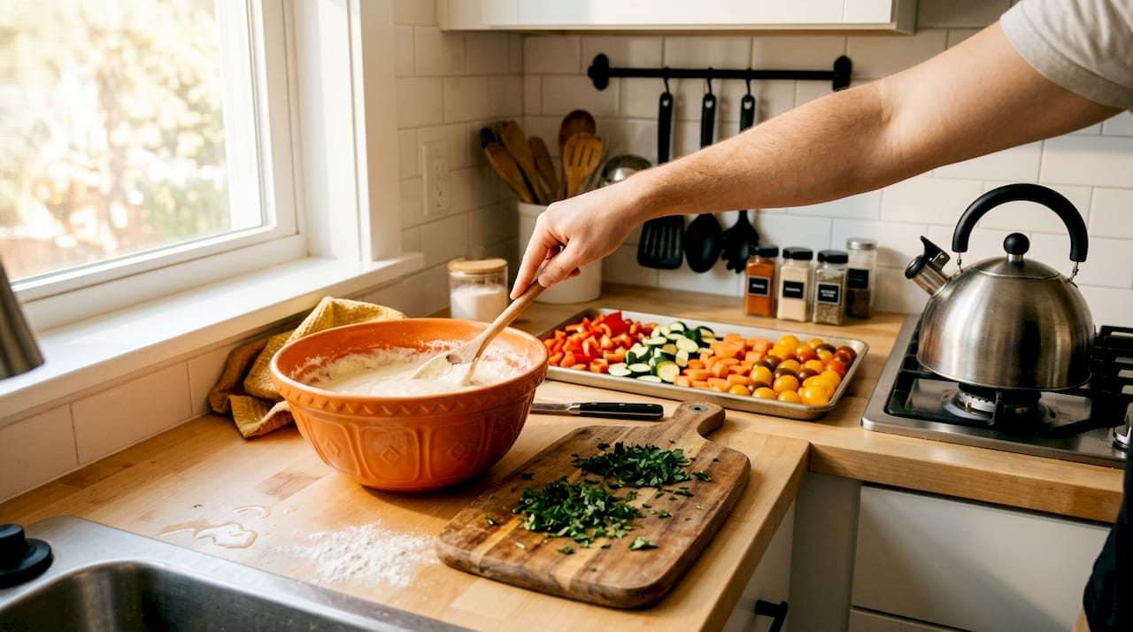 Continuous kitchen counter with cooking and prep setup