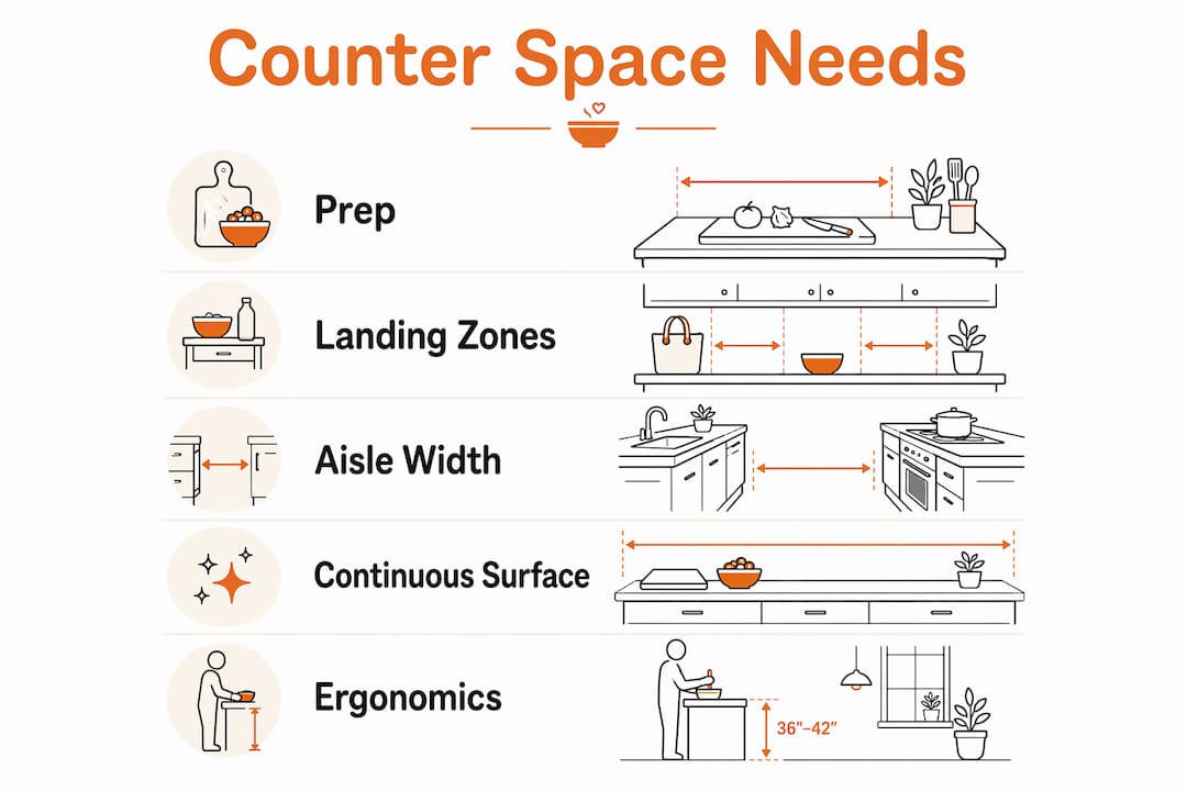 Infographic showing ergonomic kitchen counter space guidelines