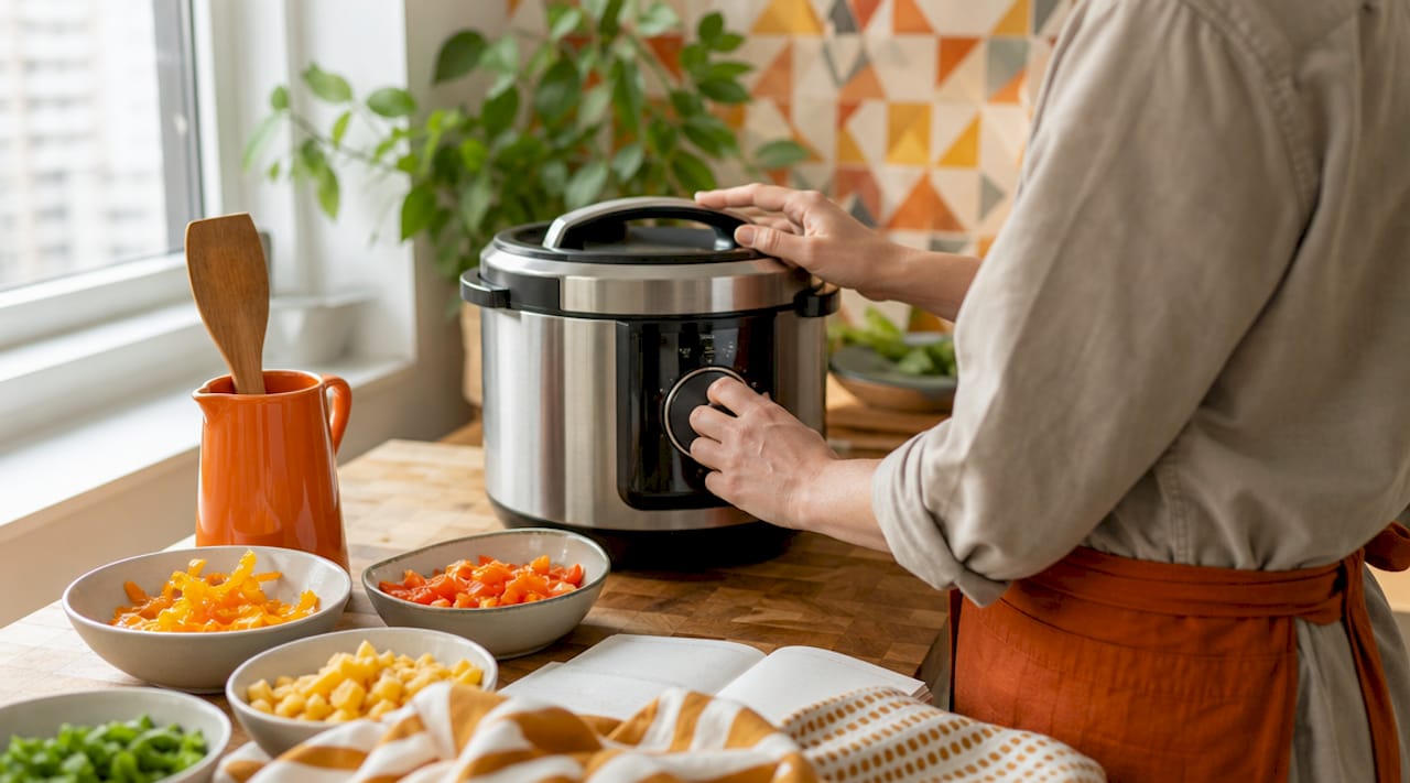 Hands closing lid on smart multi-cooker