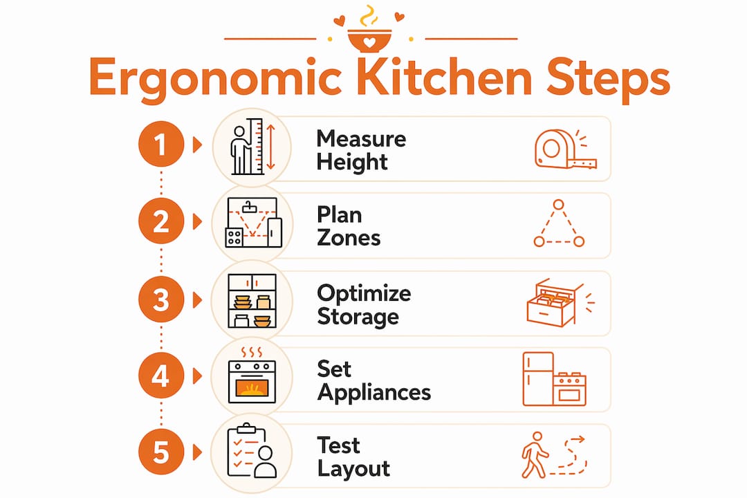 Infographic with steps for ergonomic kitchen design