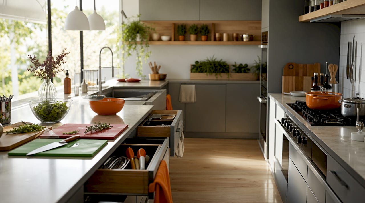 Modern kitchen showing ergonomic work zones
