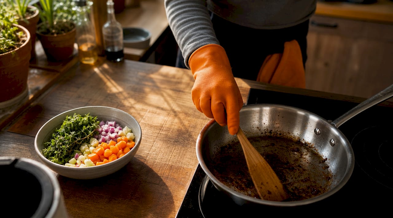 Stainless steel frying pan with browned cooking fond