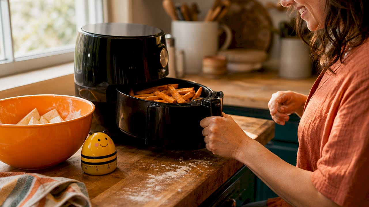 Compact air fryer cooking fries in kitchen