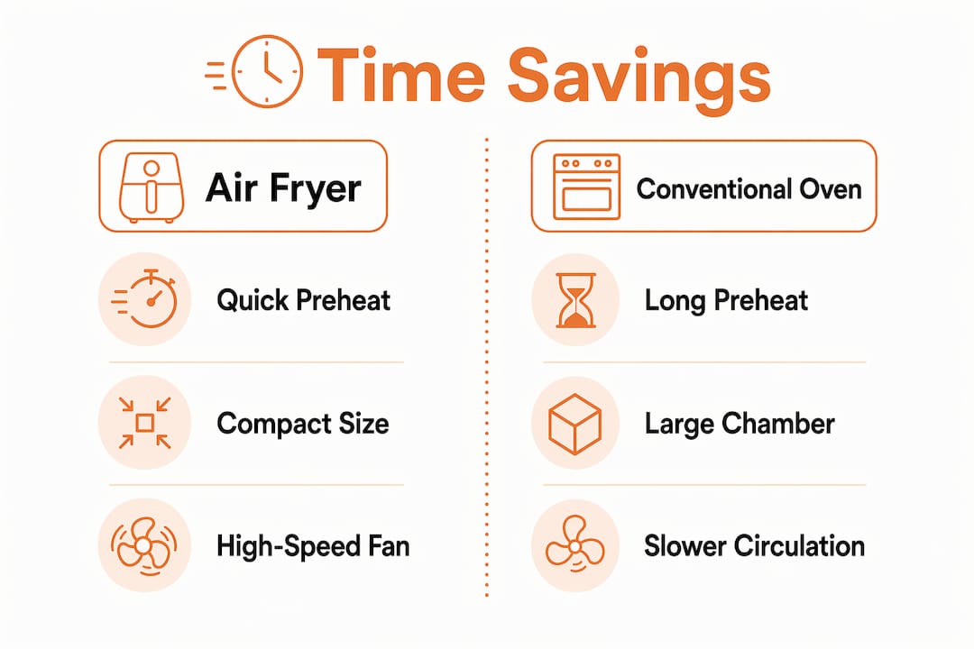 Infographic comparing air fryer and conventional oven time savings