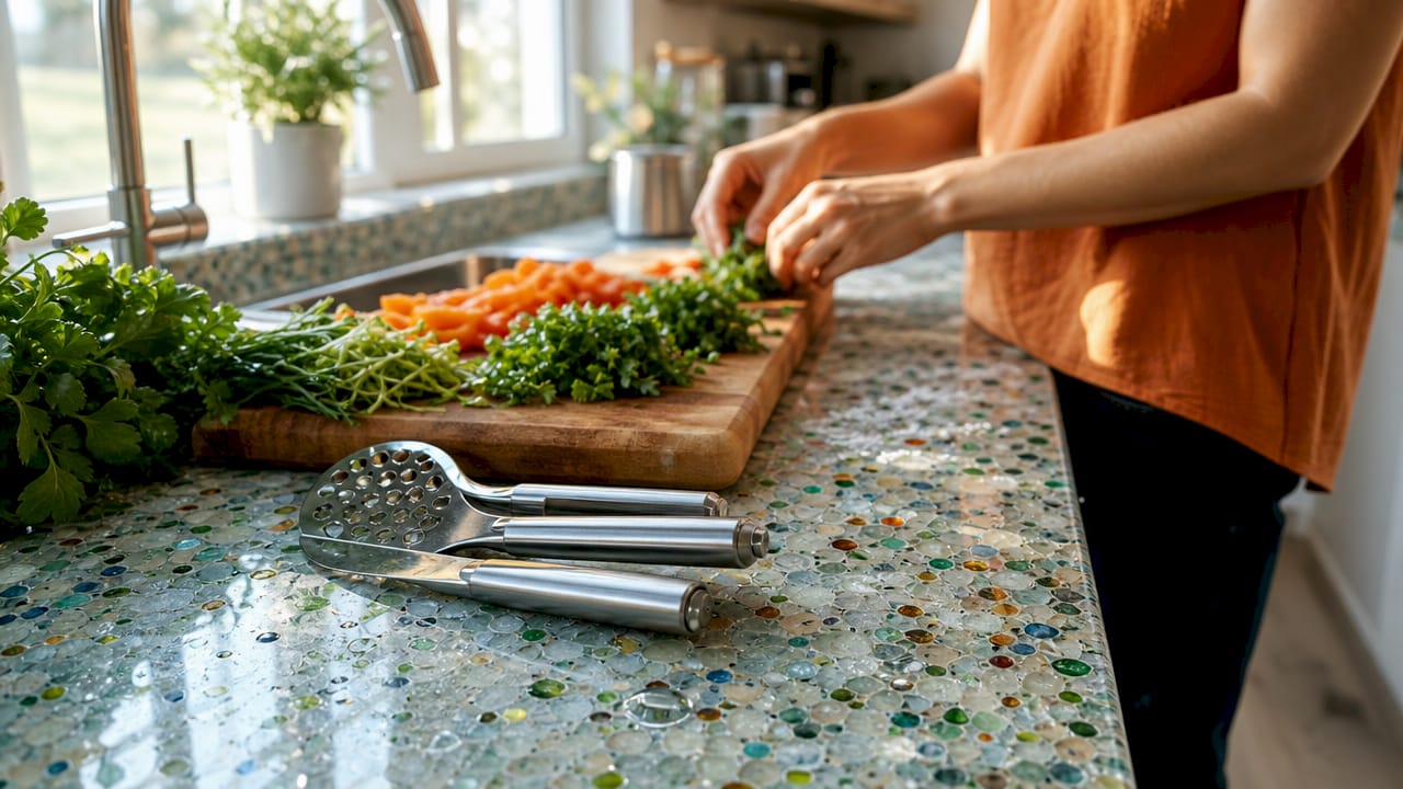 Recycled glass kitchen countertop with utensils