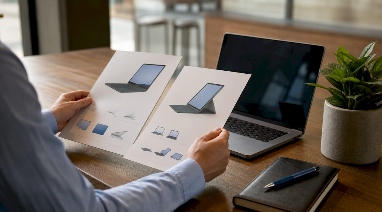 Hands comparing professional tech product brochures