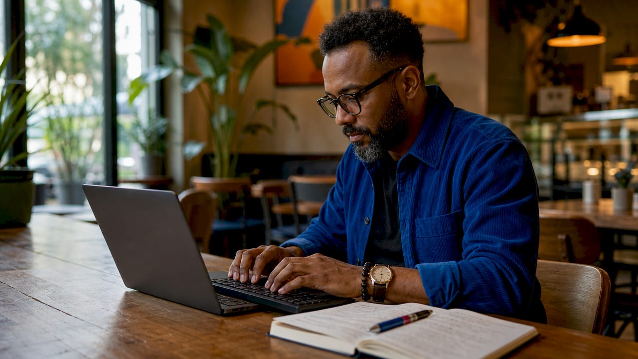 Hands typing and note-taking on fake review cues