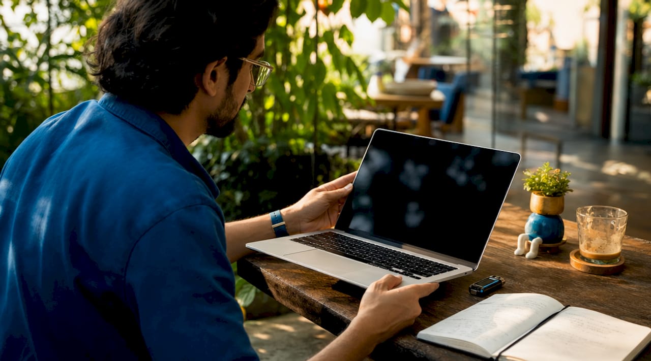 Person inspecting MacBook Air for resale