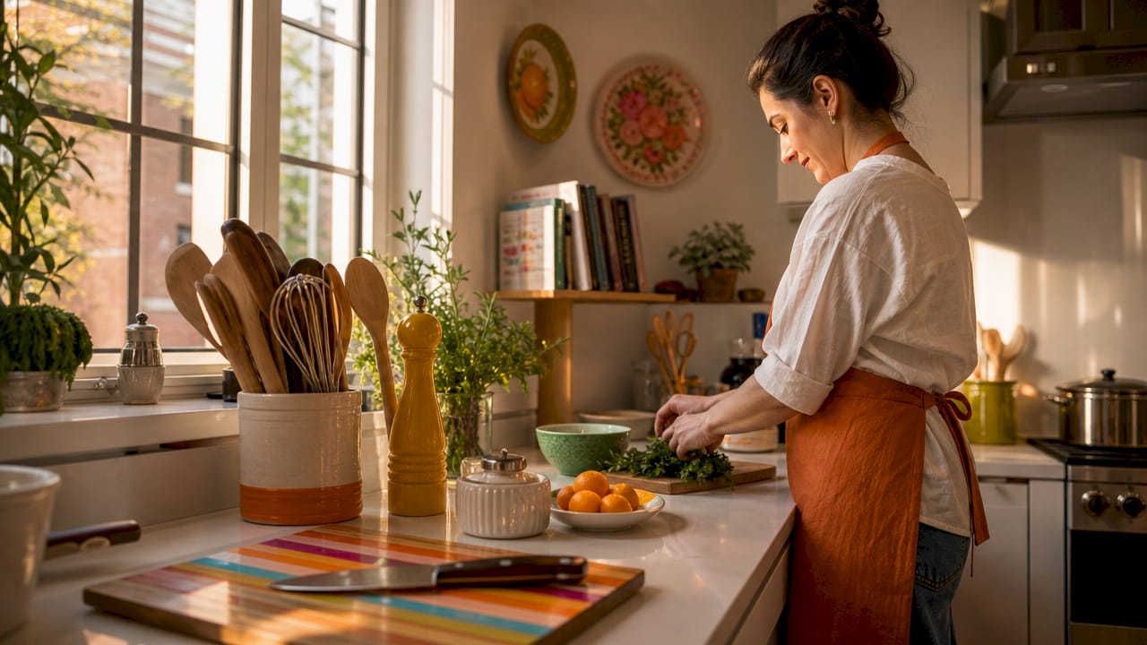 Kitchen tool set neatly arranged on countertop