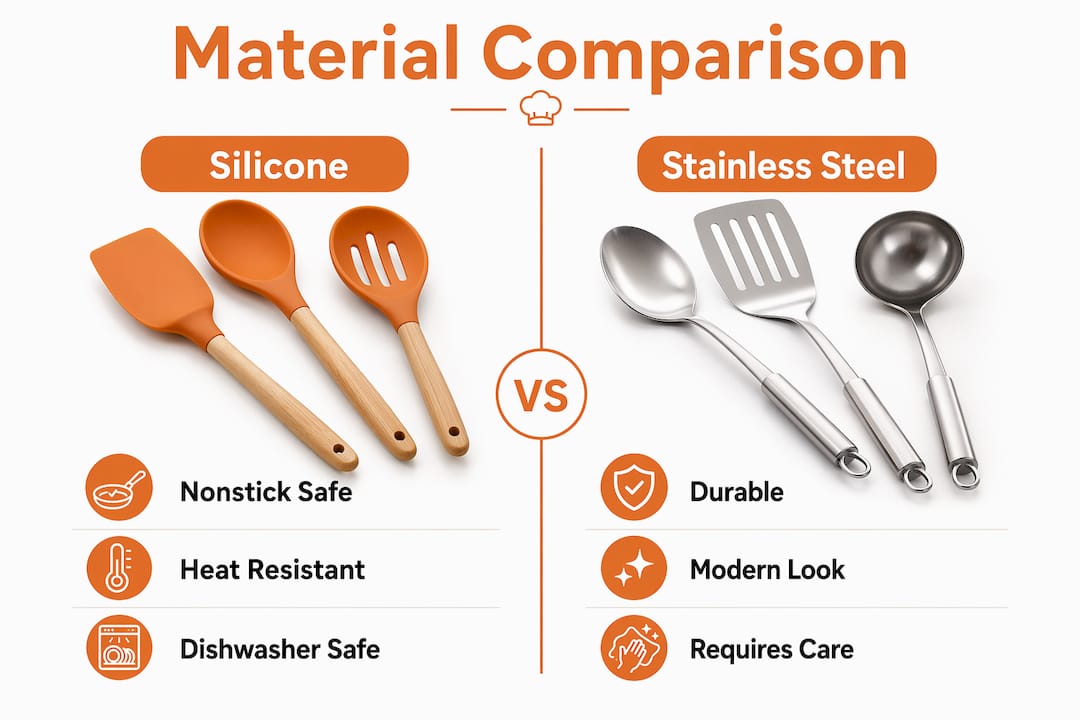 Infographic comparing silicone and stainless steel kitchen tools
