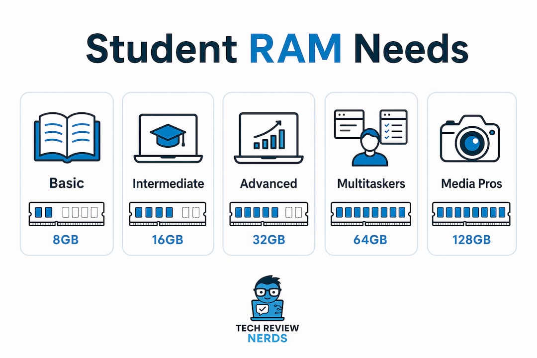 Infographic showing RAM requirements tiers for students