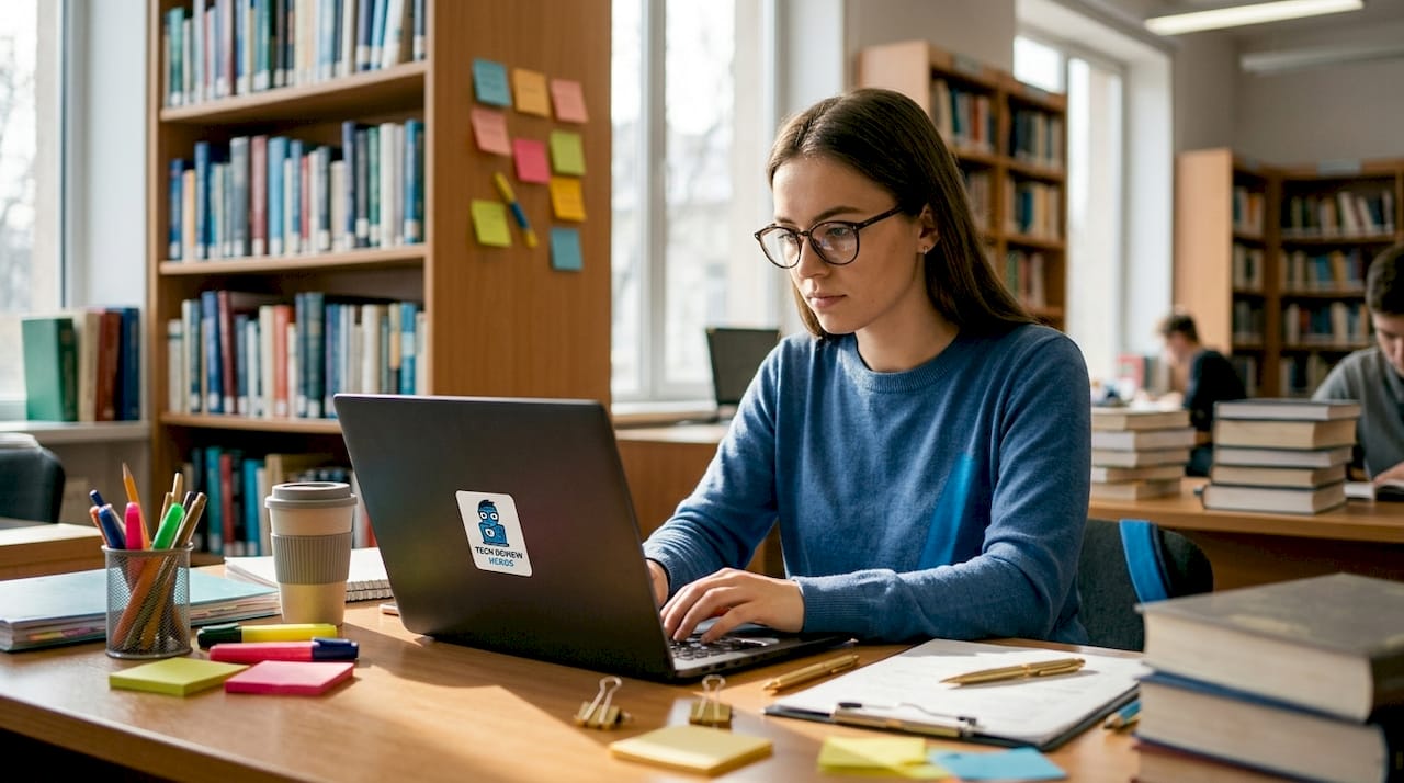 Student using laptop multitasking at desk