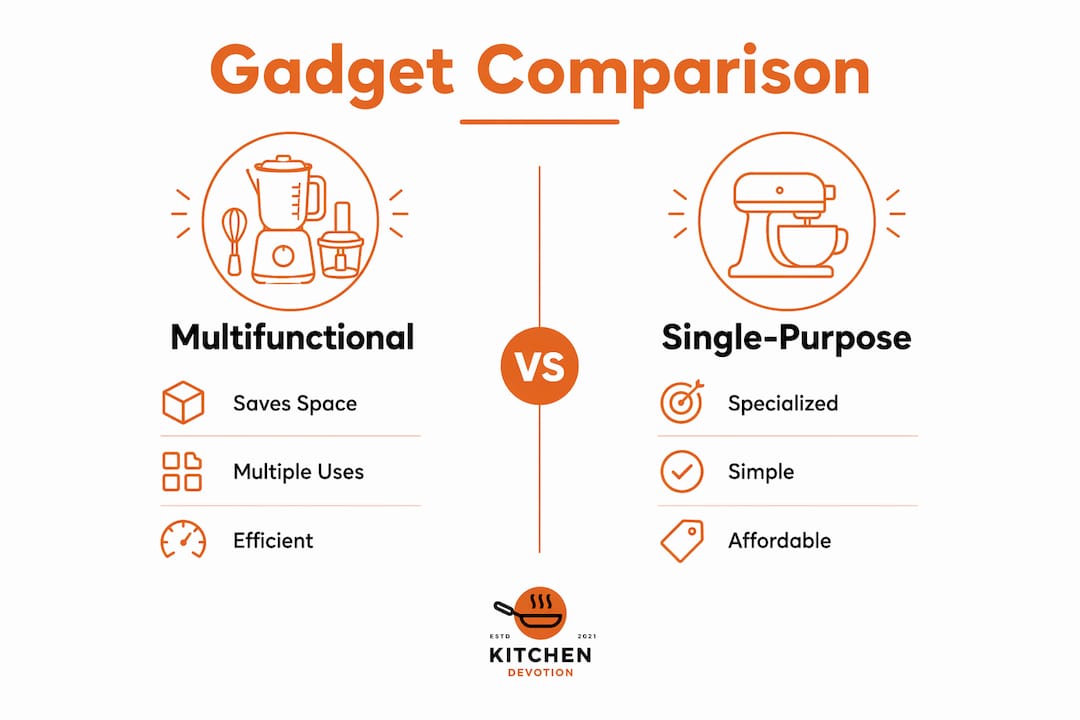 Infographic comparing multifunctional and single-purpose gadgets