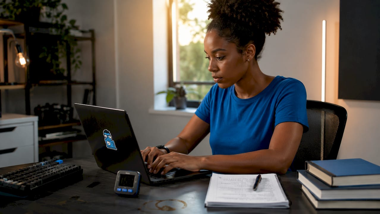 Tech reviewer preparing laptop benchmark test