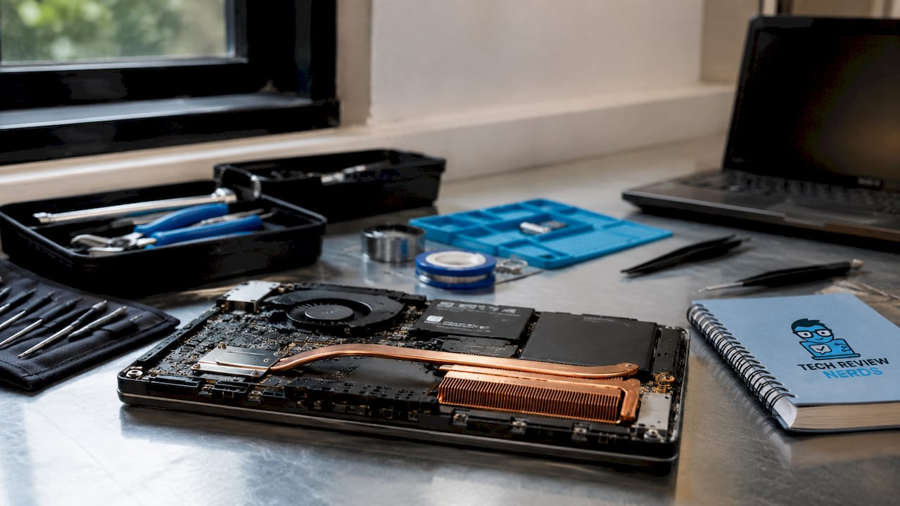 Close-up of laptop heat pipe and heatsink on workbench