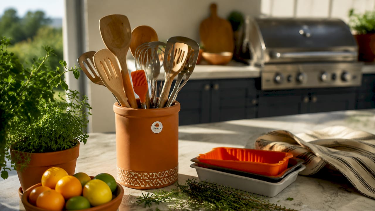 Stylish kitchen tools on countertop in home kitchen