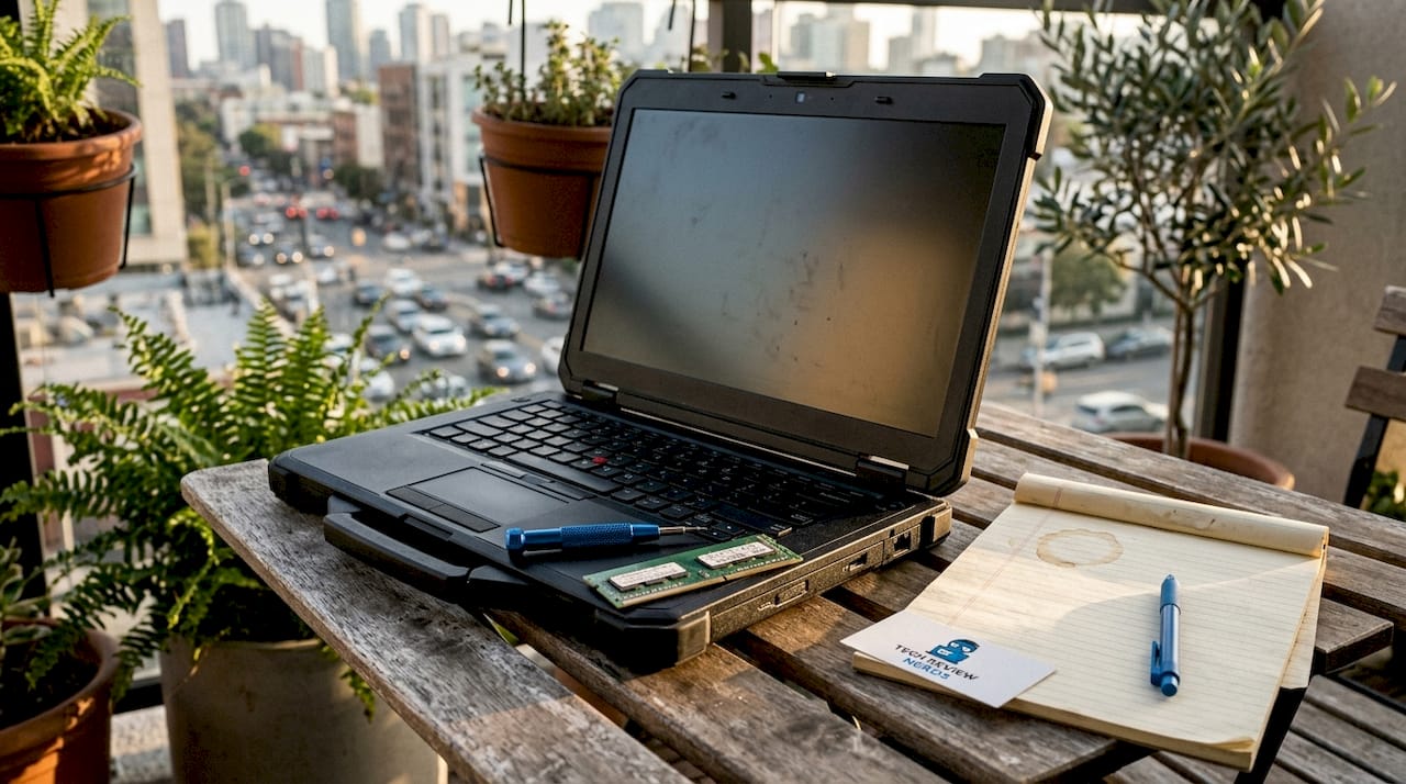 Business laptop with repair tools on desk