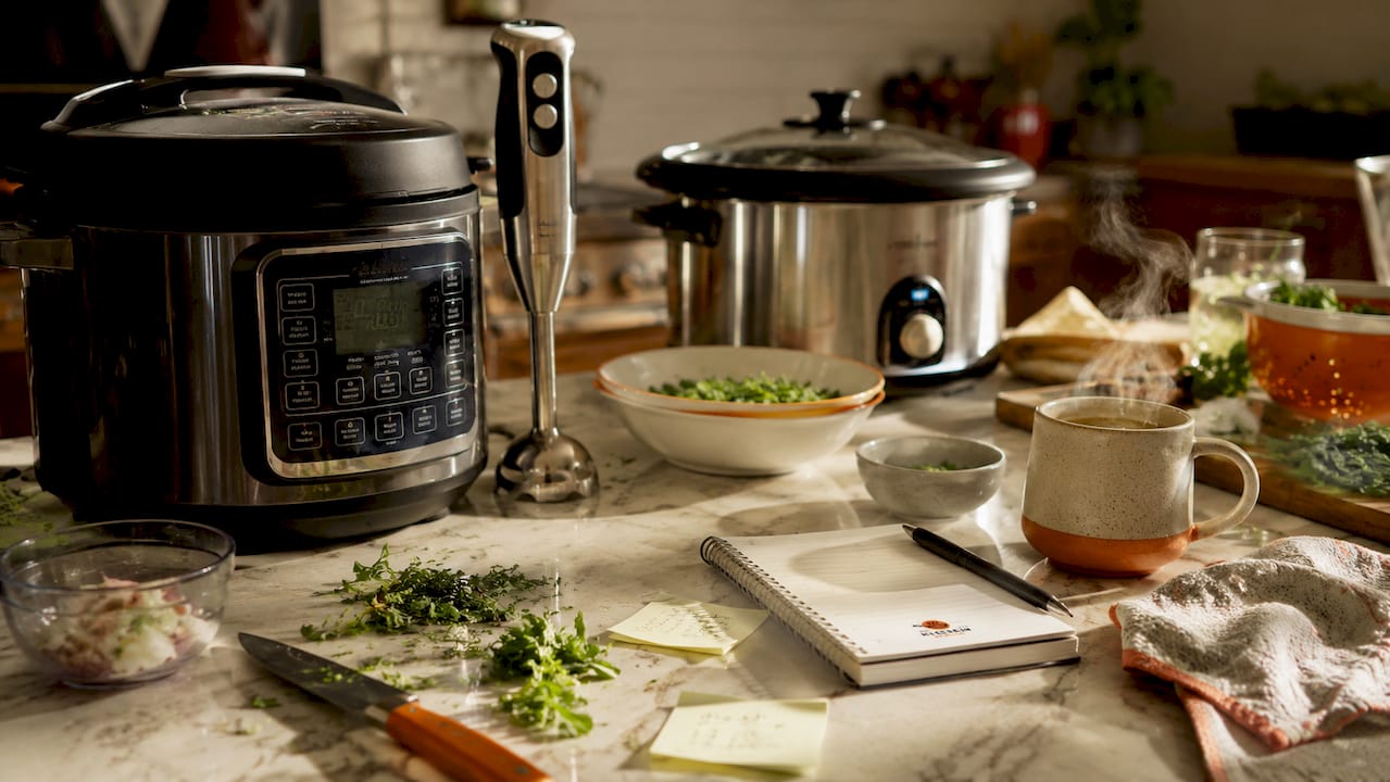 Kitchen counter with batch cooking appliances and food prep