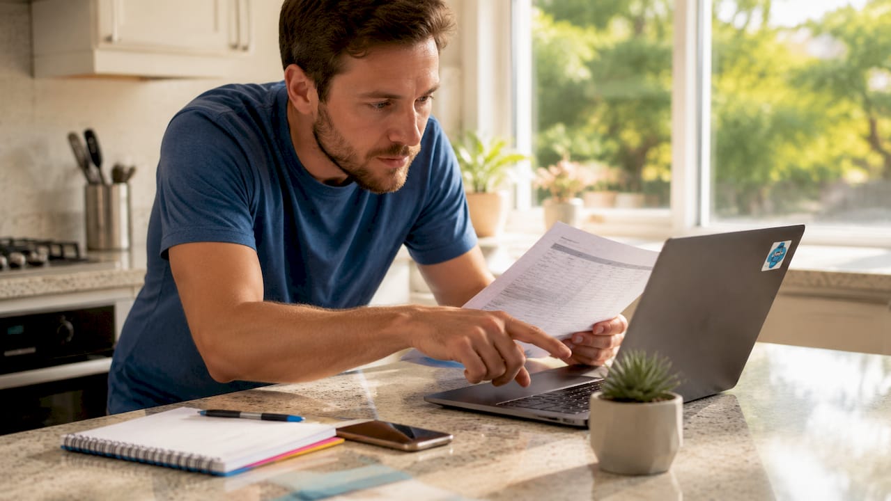 Person comparing laptop specs with device on desk