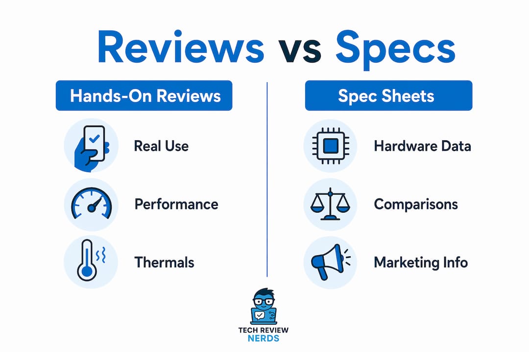 Infographic comparing hands-on reviews and spec sheets