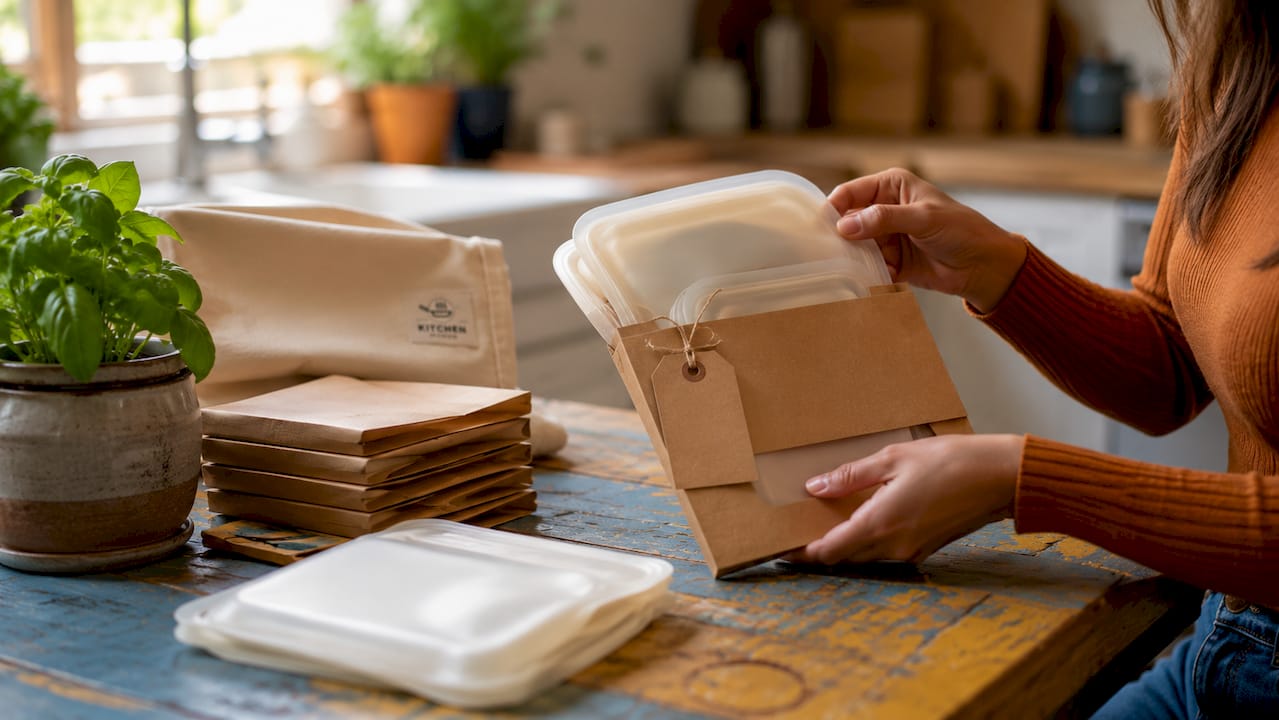Eco-friendly kitchenware packaging on wooden table