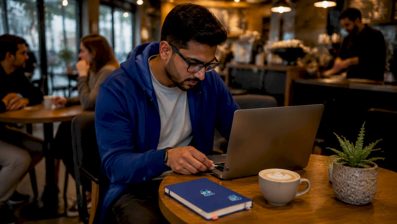 Hand plugging USB-C cable into laptop in home office