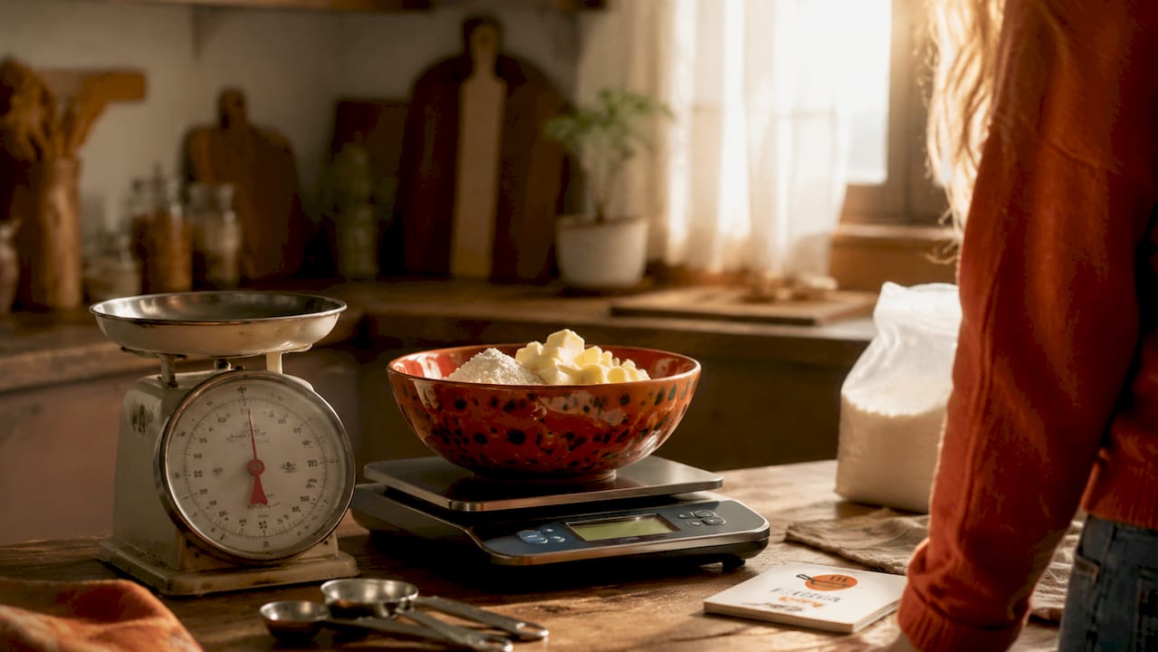 Digital and analog kitchen scales on kitchen counter