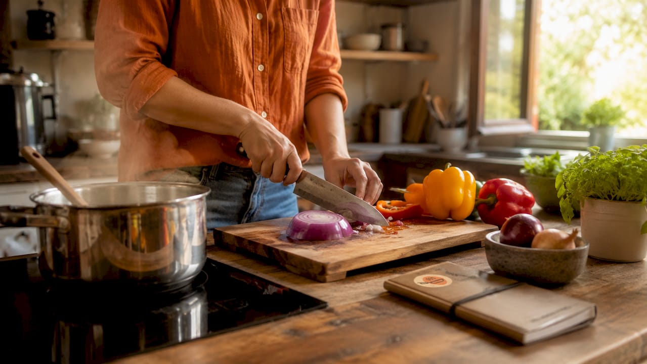 Home cook slicing vegetables with essentials