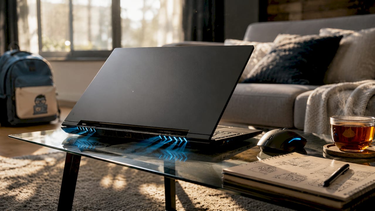 Gaming laptop rear exhaust vents on wooden desk