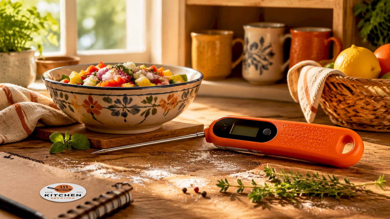 Instant-read thermometer on kitchen counter