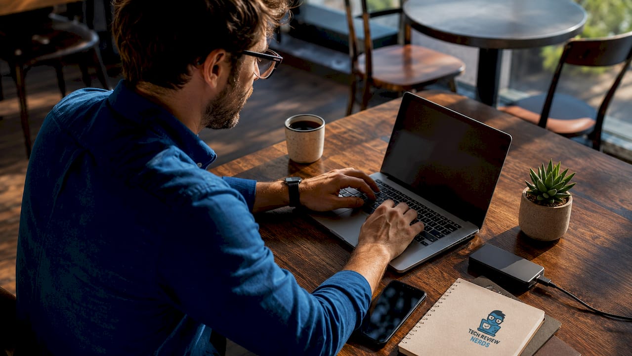 Side view of professional typing on laptop at home desk
