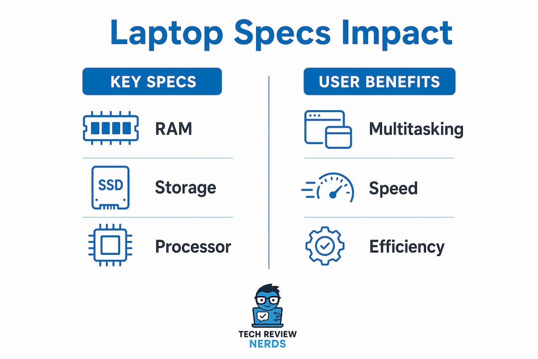 Infographic showing laptop specs and user benefits