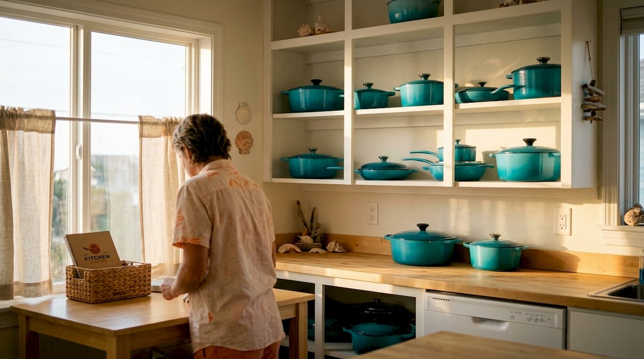 Modern farmhouse kitchen with pastel cookware