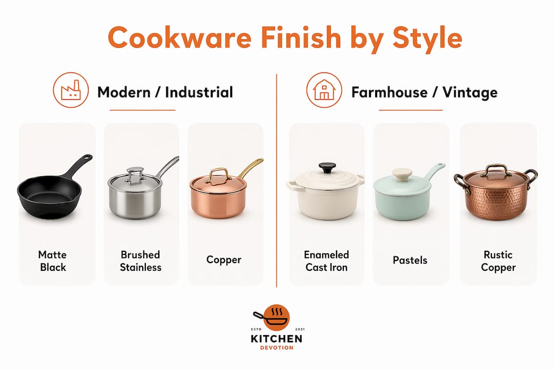 Infographic comparing cookware finishes by kitchen style