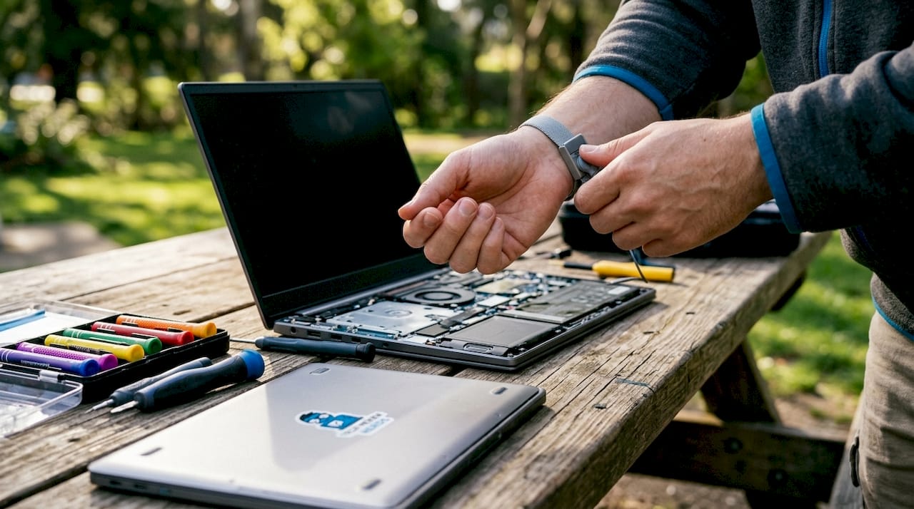 Hands fastening anti-static wrist strap on laptop repair