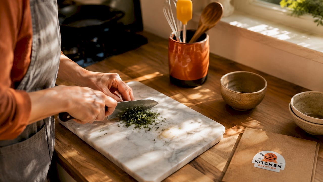 Hands chopping vegetables on wooden board