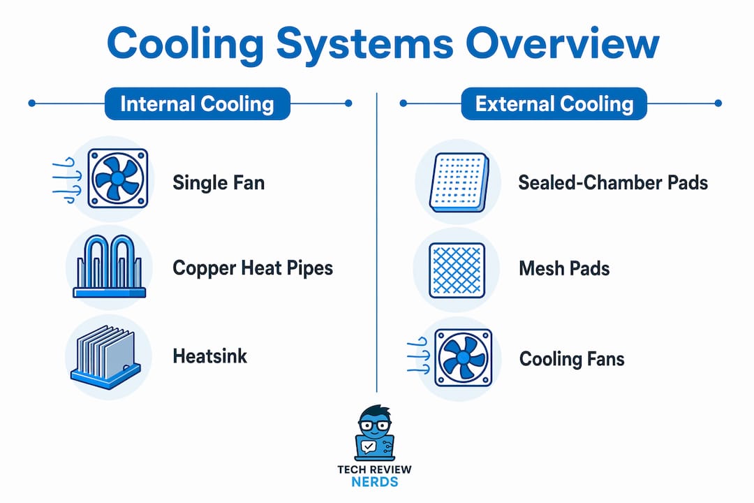Infographic showing internal and external laptop cooling systems