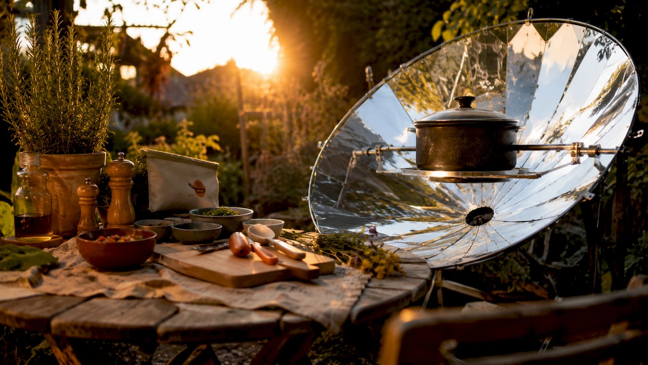 Parabolic solar cooker focusing sunlight on pot outdoors