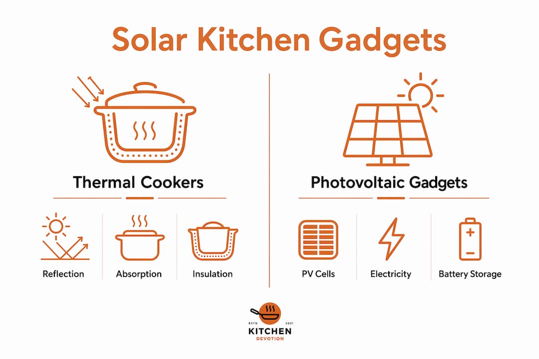 Infographic comparing thermal and photovoltaic solar cookers