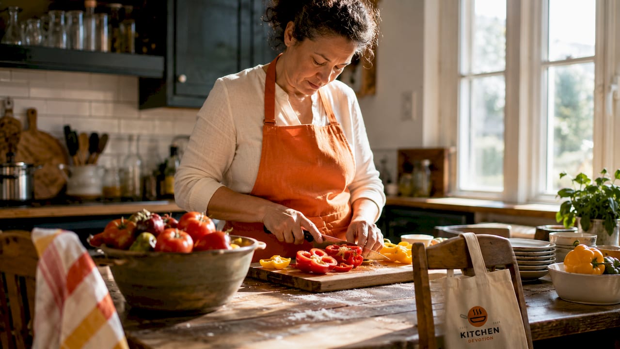Woman cooking wearing bib apron in kitchen