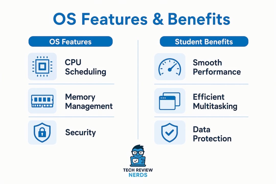 Infographic showing OS features and student benefits side by side